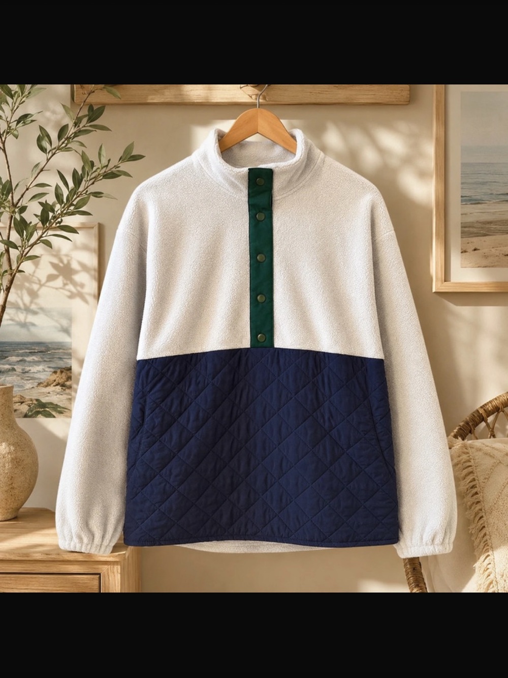 J. Crew Fleece Pullover with Navy Quilted Panel and Green Placket